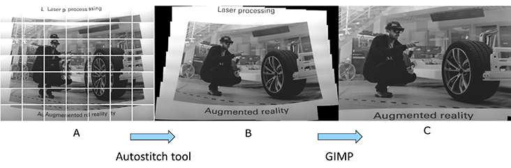 从原始图像(A)到拼接(B)和失真校正(C)图像的工作流。 从原始图像(A)到拼接(B)和失真校正(C)图像的工作流。