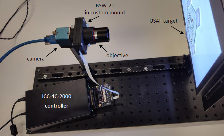 安装组件,BSW-20 位于相机和物镜之间。一个USAF目标用于显示分辨率的变化