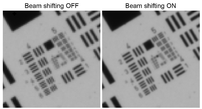 图 8:(左)USAF目标在关闭 BSW-20 的单色相机上成像。(右图)开启 BSW-20 后USAF目标成像。横向分辨率提高了 41%。