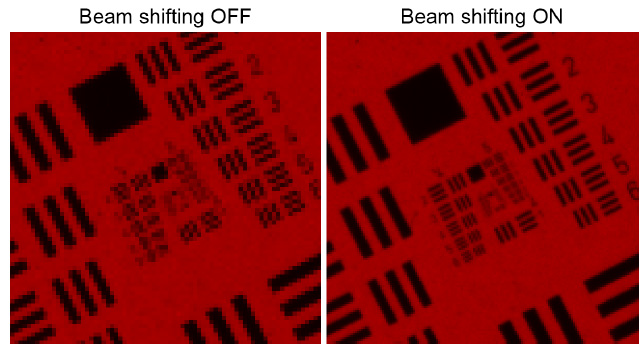 图 9:(左)在关闭 BSW-20 的情况下,用彩色相机的红色通道拍摄的USAF目标。(右图)开启 BSW-20 后拍摄的USAF目标。横向分辨率提高了 100%。