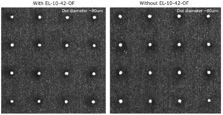 在光束路径中安装和不安装 EL-10-42-OF 时的打标质量比较,两种设置之间没有任何差异
